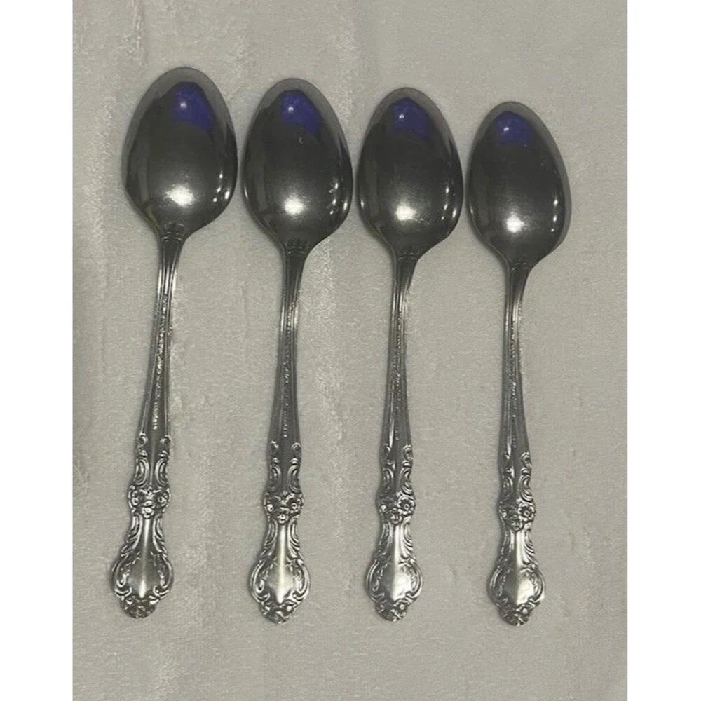 Set of 4 Oneida Louisiana Stainless Oval Soup / Dinner Spoons Glossy Floral